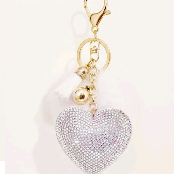 🔹️Rhinestone Heart & Pom Pom Charm tassles Keychain, For Decoration✨️💚 - Picture 6 of 10